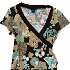 Reitmans Floral V-Neck Wrap Top - Black and Blue